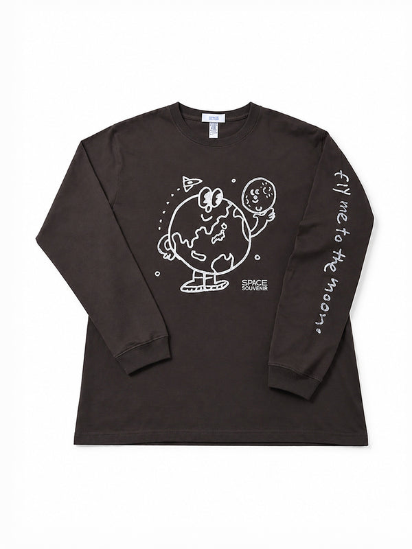地球くん「友達は月」Long Tee - チャコール - SPACE SOUVENIR