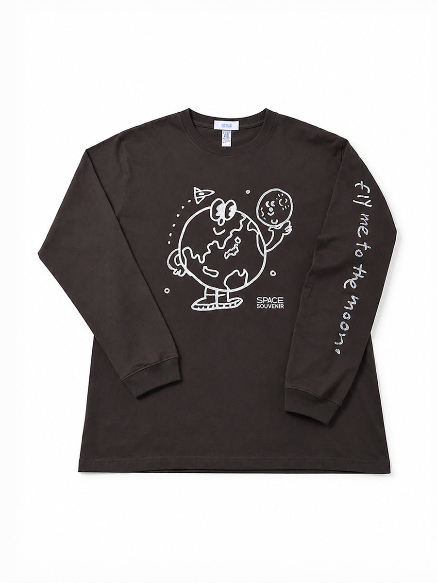 地球くん「友達は月」Long Tee - チャコール - SPACE SOUVENIR