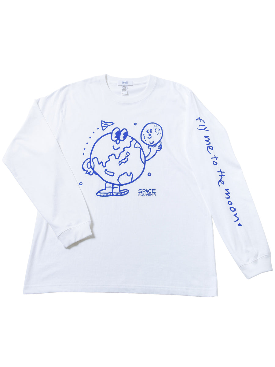 地球くん「友達は月」Long Tee - ホワイト - SPACE SOUVENIR