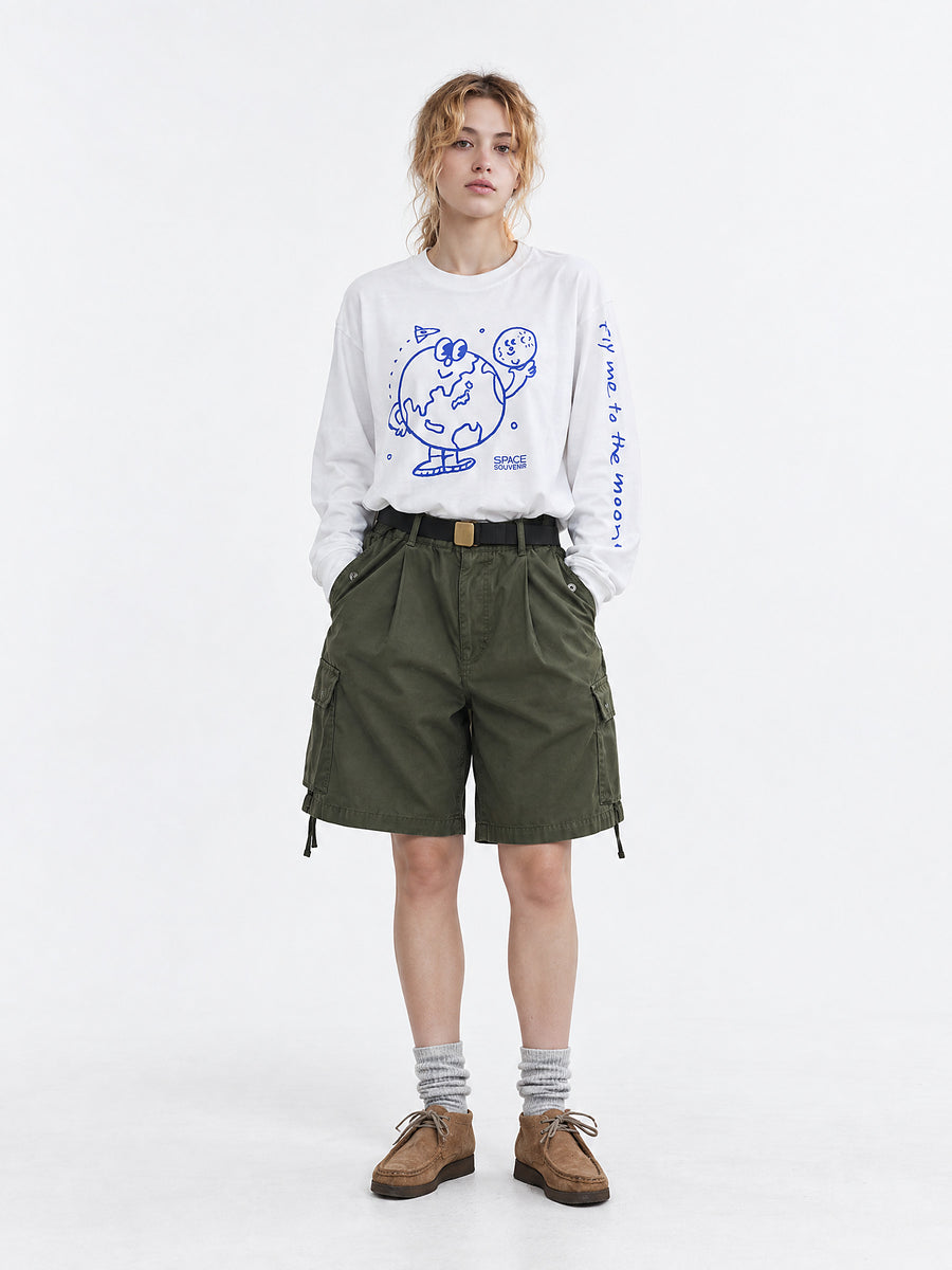 地球くん「友達は月」Long Tee - ホワイト - SPACE SOUVENIR